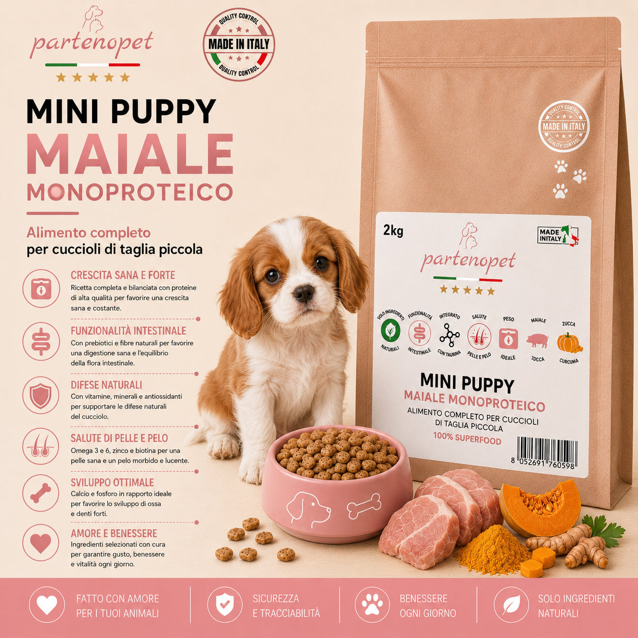 Sacco da 2kg di crocchette Partenopet Puppy Mini al Maiale per cuccioli di piccola taglia, alimento naturale pressato a freddo monoproteico, Made in Italy con zucca e curcuma.