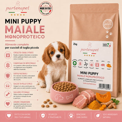 Sacco da 2kg di crocchette Partenopet Puppy Mini al Maiale per cuccioli di piccola taglia, alimento naturale pressato a freddo monoproteico, Made in Italy con zucca e curcuma.