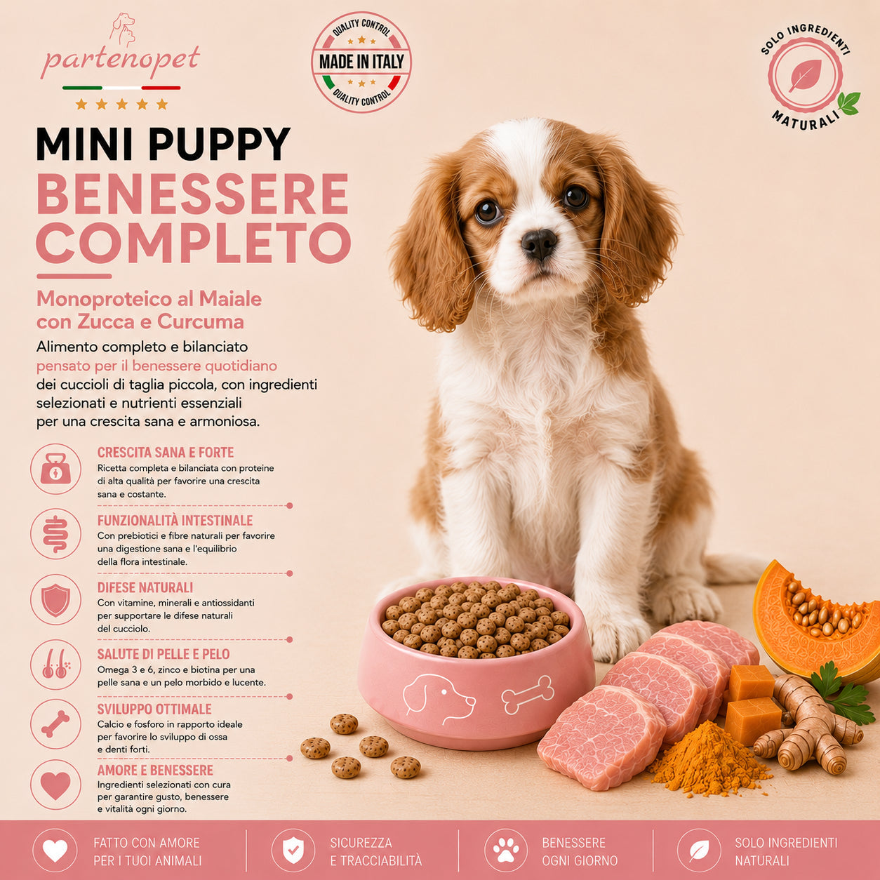 Sacco da 2kg di crocchette Partenopet Puppy Mini al Maiale per cuccioli di piccola taglia, alimento naturale pressato a freddo monoproteico, Made in Italy con zucca e curcuma.