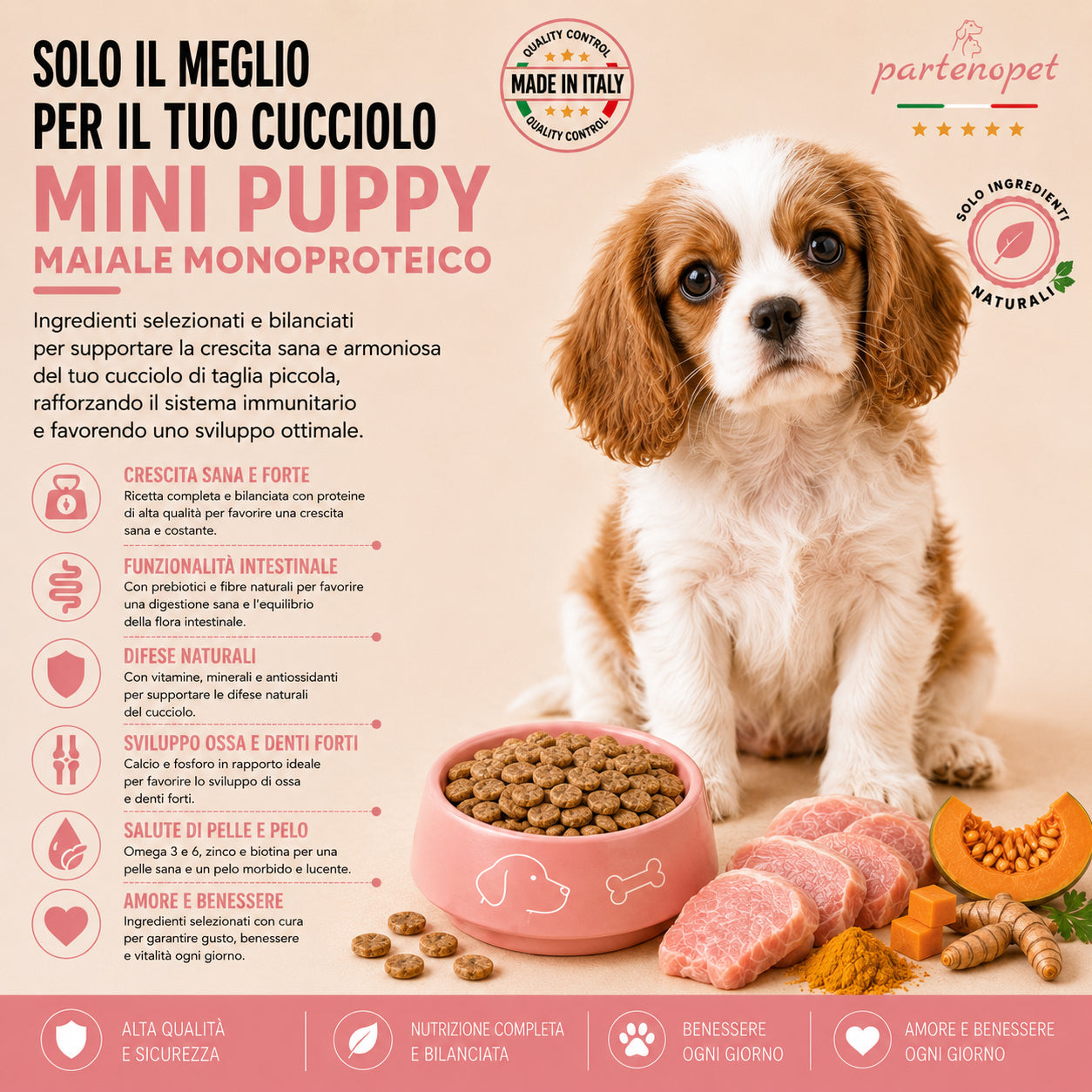 Sacco da 2kg di crocchette Partenopet Puppy Mini al Maiale per cuccioli di piccola taglia, alimento naturale pressato a freddo monoproteico, Made in Italy con zucca e curcuma.