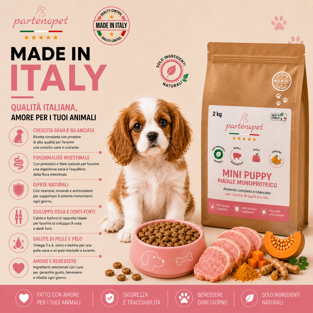 Sacco da 2kg di crocchette Partenopet Puppy Mini al Maiale per cuccioli di piccola taglia, alimento naturale pressato a freddo monoproteico, Made in Italy con zucca e curcuma.