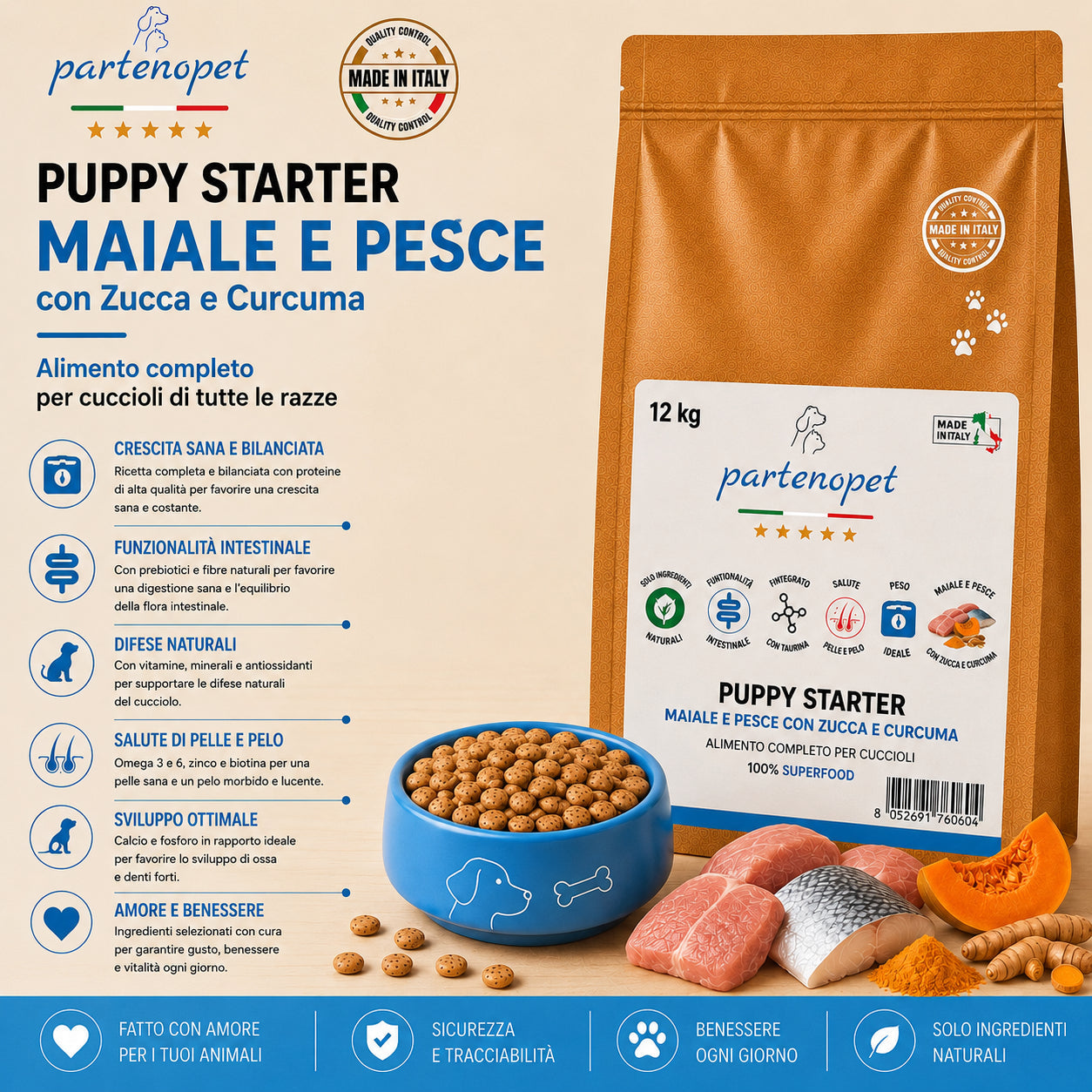 Sacco da 12 kg di crocchette pressate a freddo Partenopet Puppy Starter al gusto maiale e pesce, cibo secco monoproteico di base per lo svezzamento dei cuccioli, senza conservanti né coloranti, 100% Made in Italy.