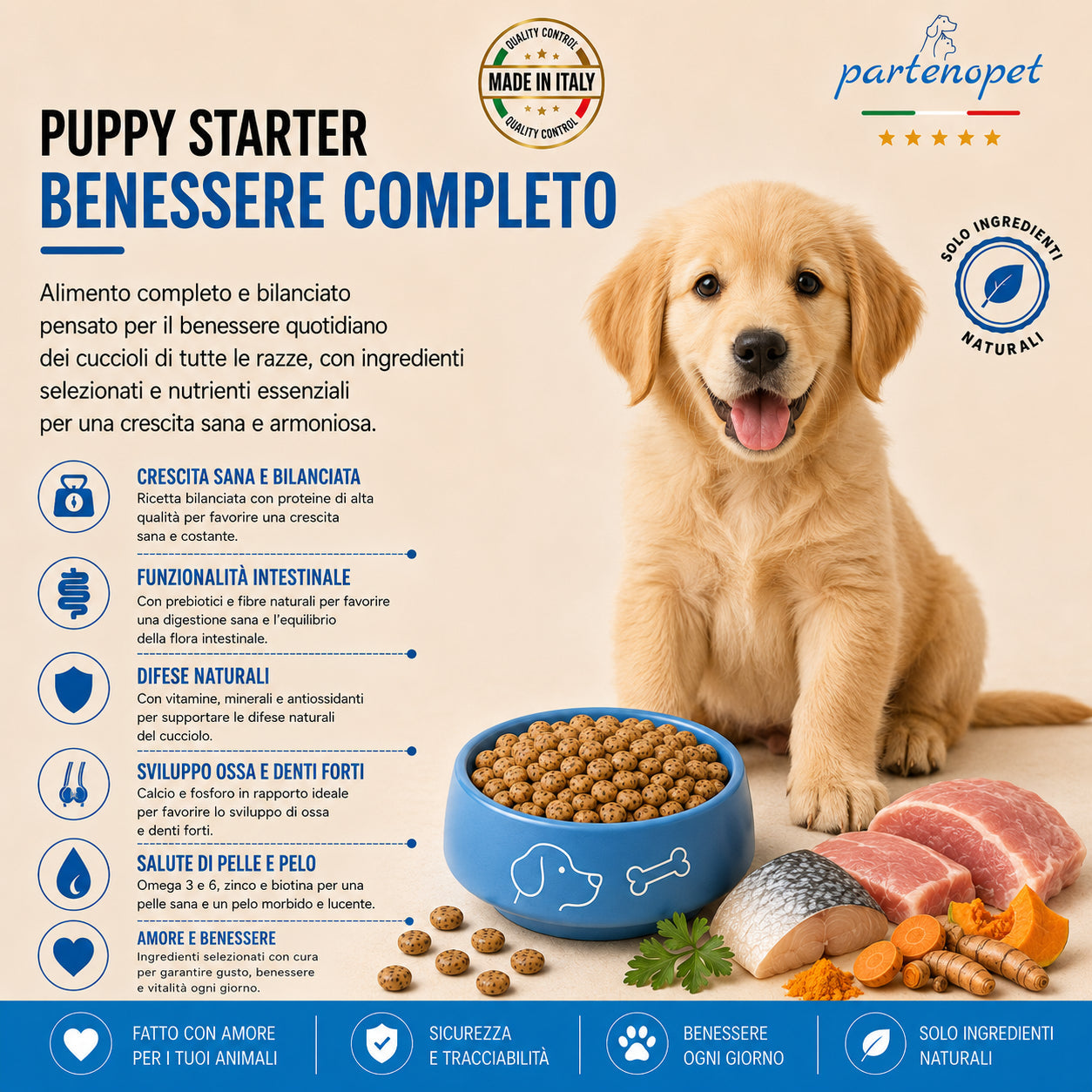 Sacco da 12 kg di crocchette pressate a freddo Partenopet Puppy Starter al gusto maiale e pesce, cibo secco monoproteico di base per lo svezzamento dei cuccioli, senza conservanti né coloranti, 100% Made in Italy.