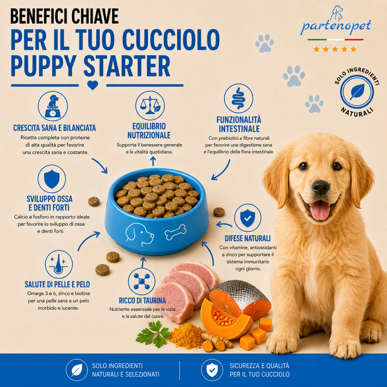 Sacco da 12 kg di crocchette pressate a freddo Partenopet Puppy Starter al gusto maiale e pesce, cibo secco monoproteico di base per lo svezzamento dei cuccioli, senza conservanti né coloranti, 100% Made in Italy.