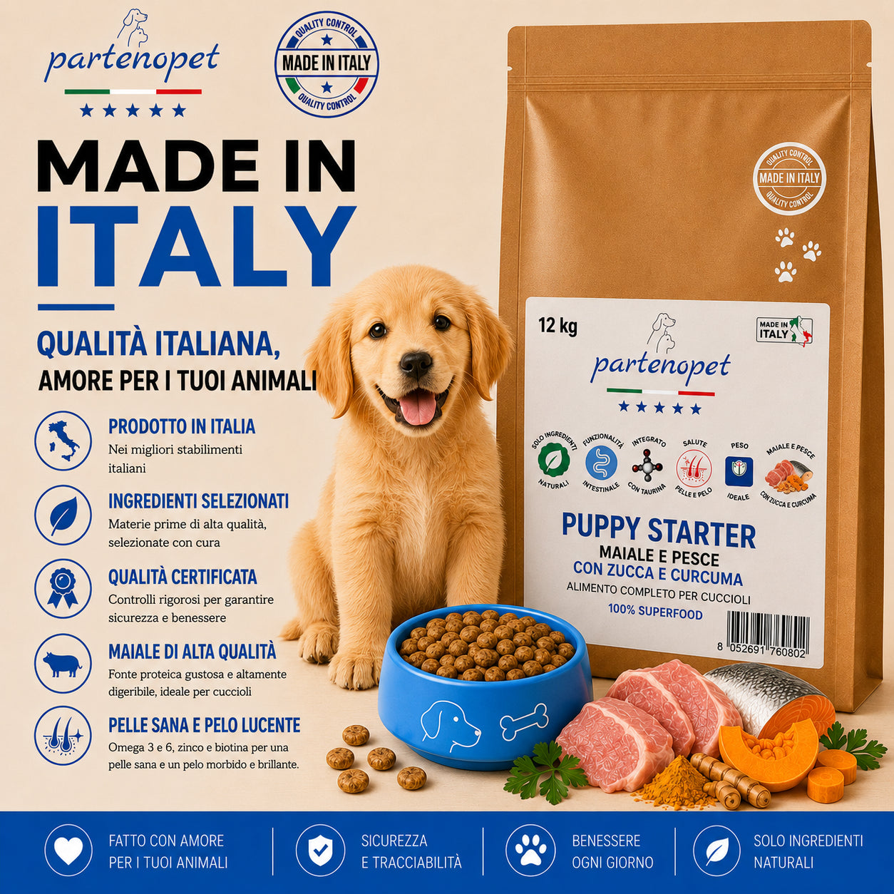 Sacco da 12 kg di crocchette pressate a freddo Partenopet Puppy Starter al gusto maiale e pesce, cibo secco monoproteico di base per lo svezzamento dei cuccioli, senza conservanti né coloranti, 100% Made in Italy.