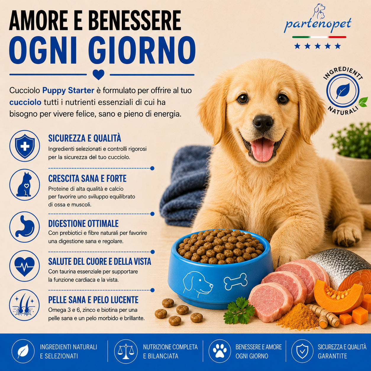 Sacco da 12 kg di crocchette pressate a freddo Partenopet Puppy Starter al gusto maiale e pesce, cibo secco monoproteico di base per lo svezzamento dei cuccioli, senza conservanti né coloranti, 100% Made in Italy.