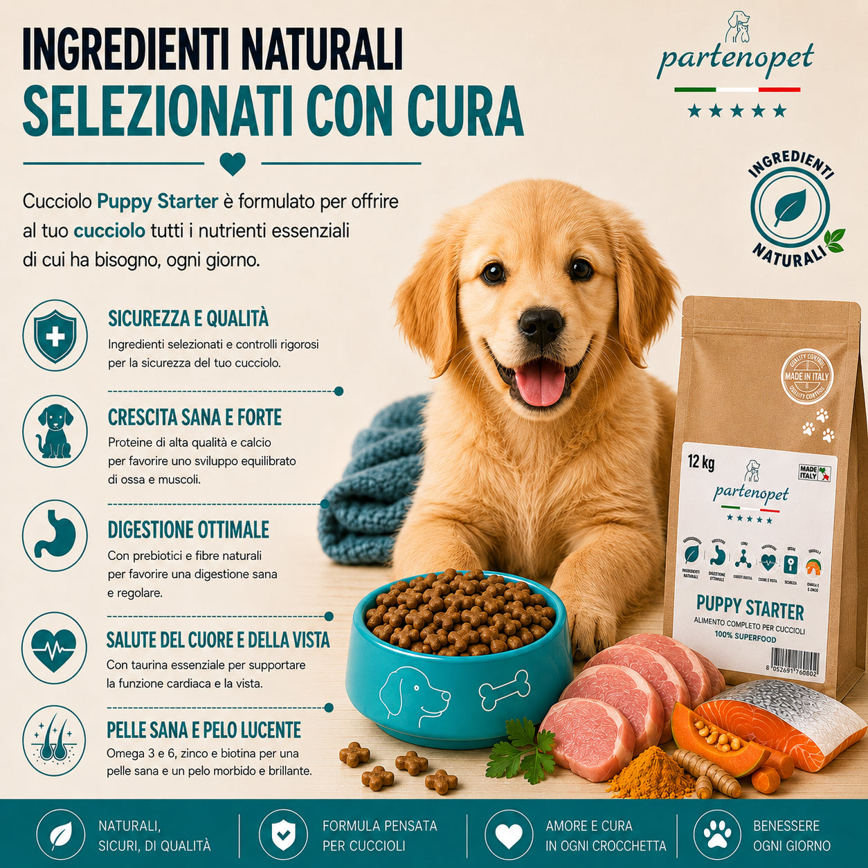 Sacco da 12 kg di crocchette pressate a freddo Partenopet Puppy Starter al gusto maiale e pesce, cibo secco monoproteico di base per lo svezzamento dei cuccioli, senza conservanti né coloranti, 100% Made in Italy.