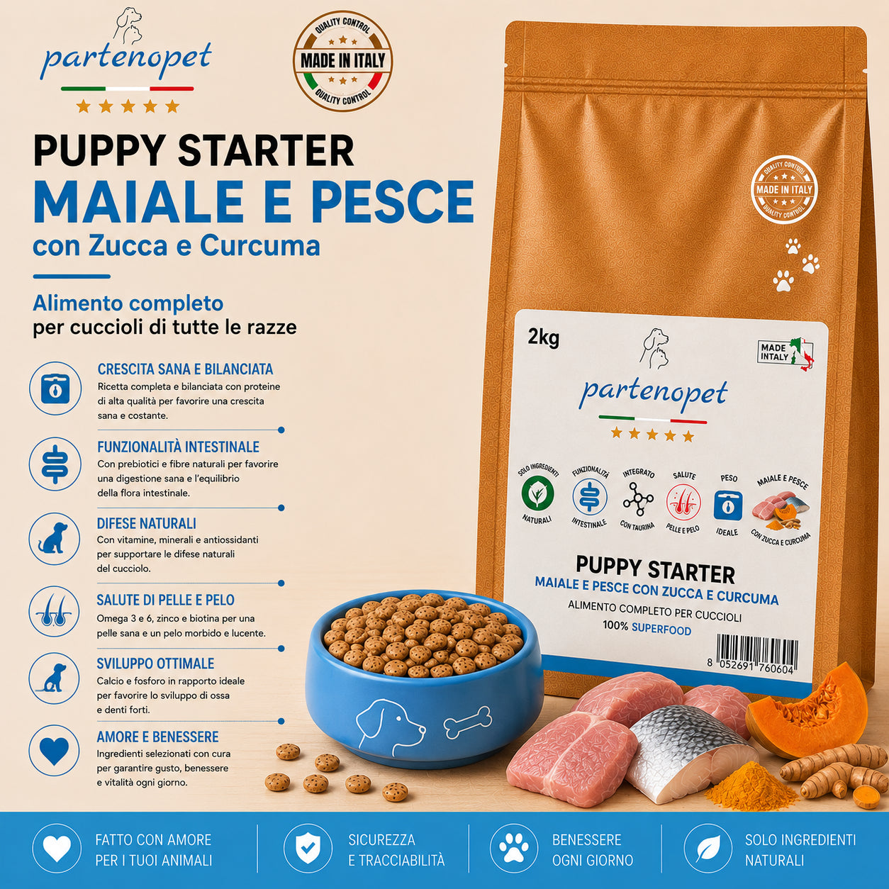 Sacco da 2 kg di crocchette pressate a freddo Partenopet Puppy Starter al gusto maiale e pesce, cibo secco monoproteico di base per lo svezzamento dei cuccioli, senza conservanti né coloranti, 100% Made in Italy.