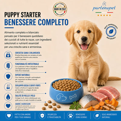 Sacco da 2 kg di crocchette pressate a freddo Partenopet Puppy Starter al gusto maiale e pesce, cibo secco monoproteico di base per lo svezzamento dei cuccioli, senza conservanti né coloranti, 100% Made in Italy.