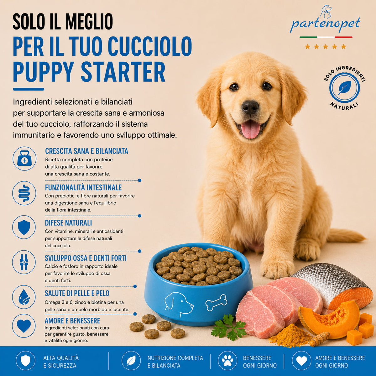 Sacco da 2 kg di crocchette pressate a freddo Partenopet Puppy Starter al gusto maiale e pesce, cibo secco monoproteico di base per lo svezzamento dei cuccioli, senza conservanti né coloranti, 100% Made in Italy.
