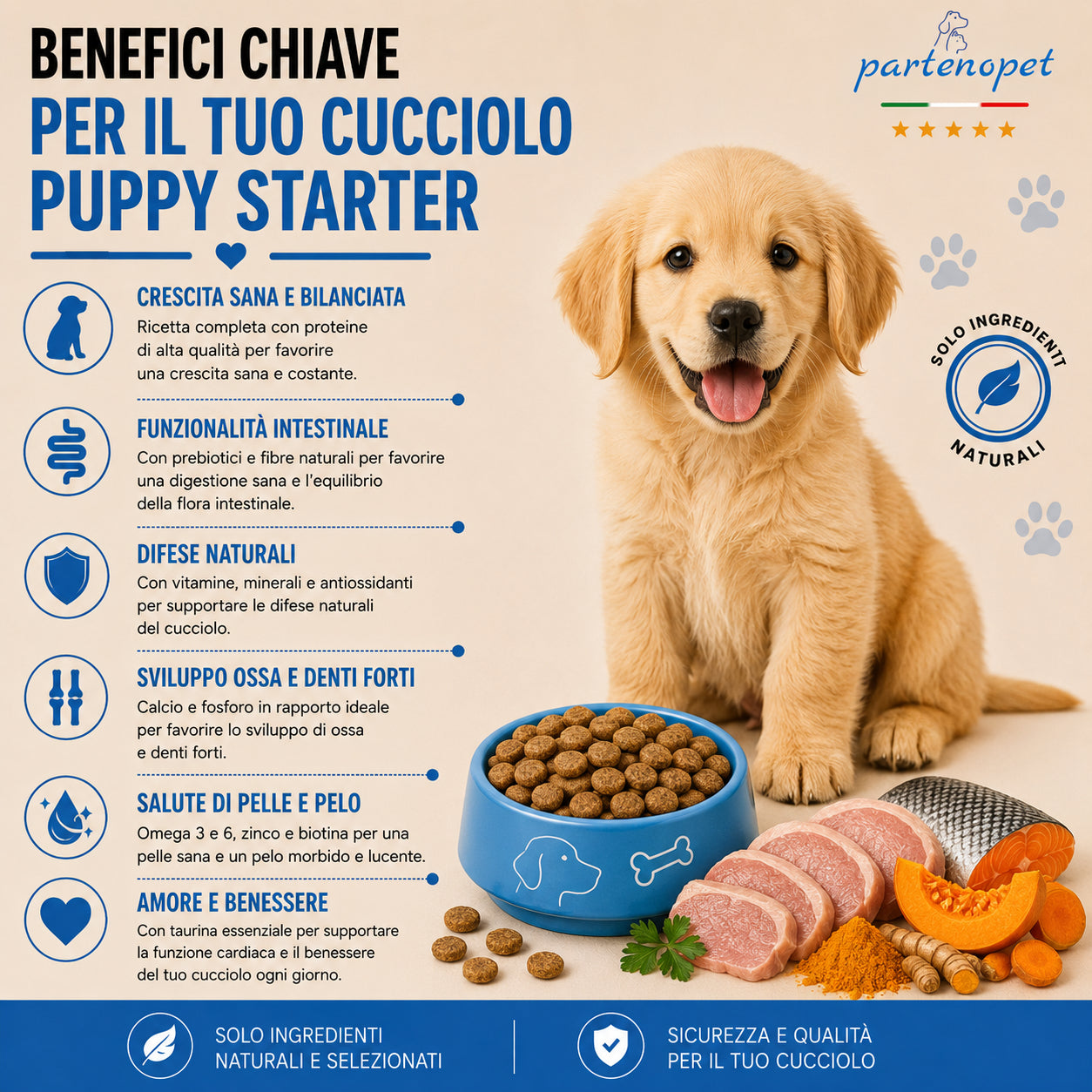 Sacco da 2 kg di crocchette pressate a freddo Partenopet Puppy Starter al gusto maiale e pesce, cibo secco monoproteico di base per lo svezzamento dei cuccioli, senza conservanti né coloranti, 100% Made in Italy.
