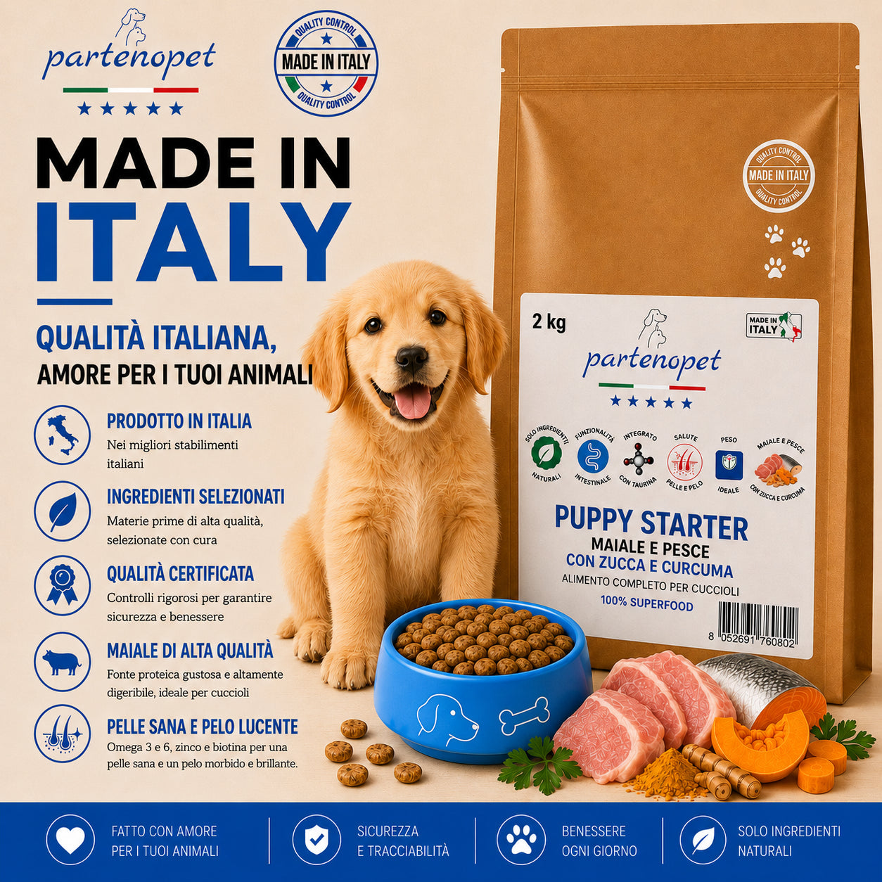 Sacco da 2 kg di crocchette pressate a freddo Partenopet Puppy Starter al gusto maiale e pesce, cibo secco monoproteico di base per lo svezzamento dei cuccioli, senza conservanti né coloranti, 100% Made in Italy.