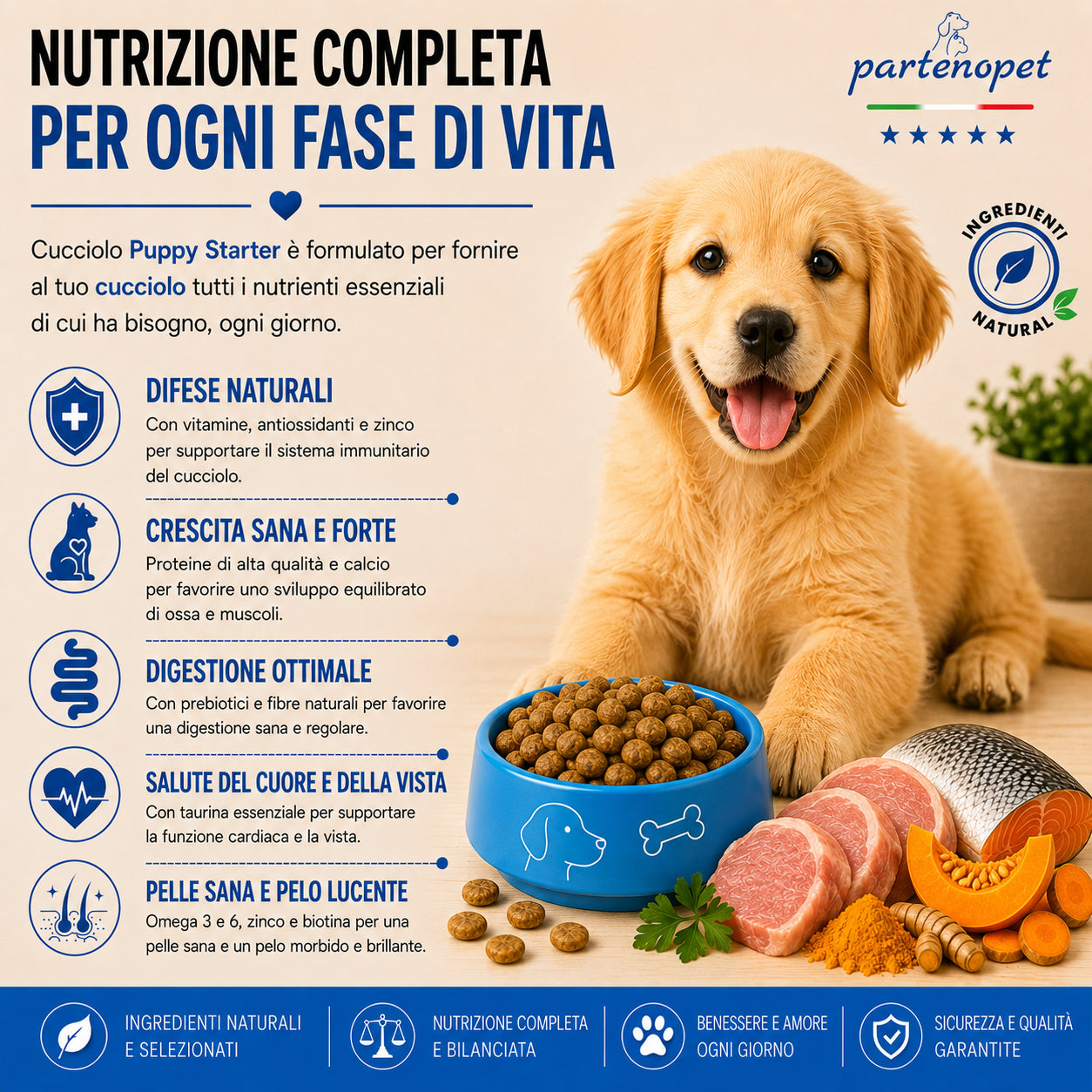 Sacco da 2 kg di crocchette pressate a freddo Partenopet Puppy Starter al gusto maiale e pesce, cibo secco monoproteico di base per lo svezzamento dei cuccioli, senza conservanti né coloranti, 100% Made in Italy.