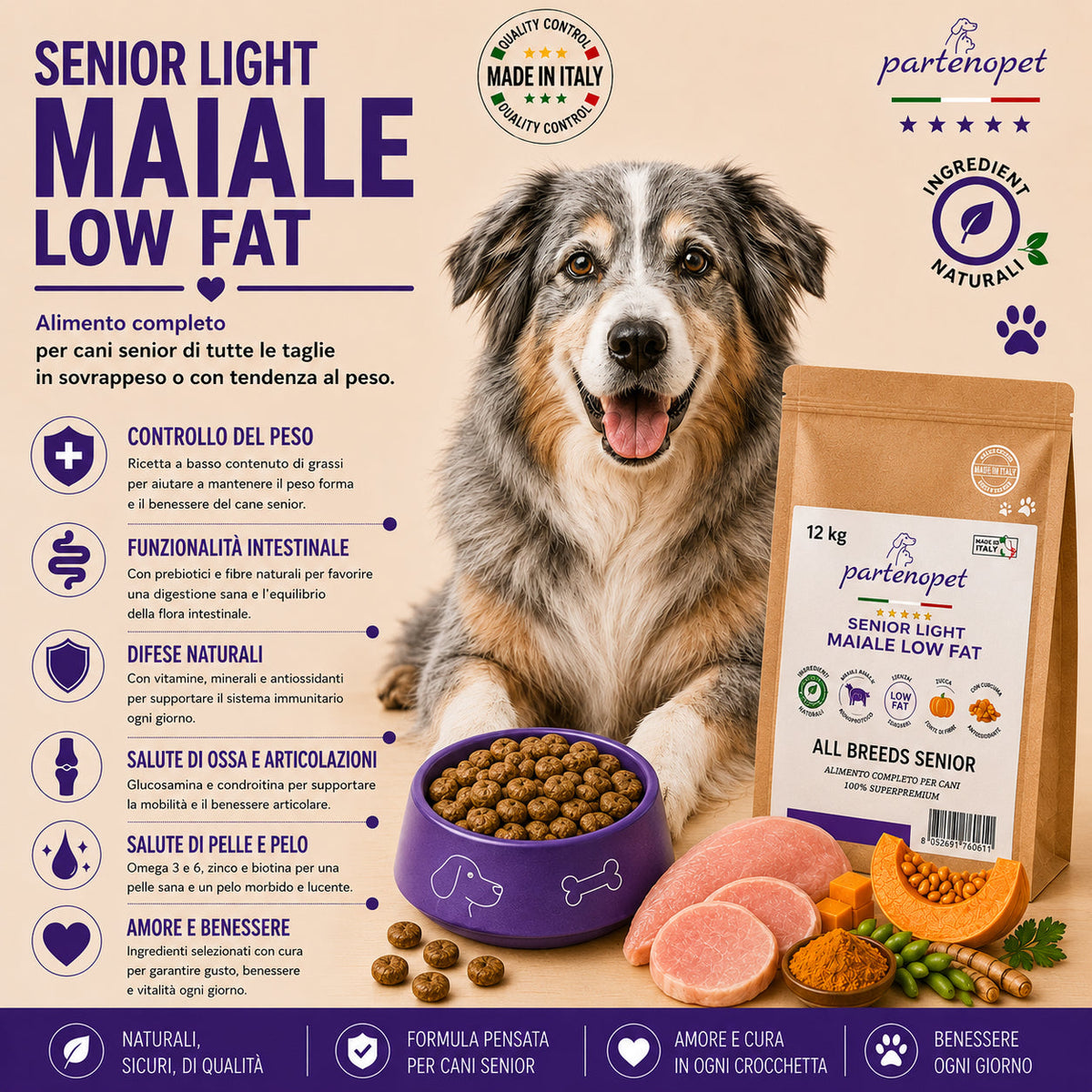 Sacco da 12kg di crocchette Partenopet Senior Light al Maiale per cani anziani, alimento monoproteico naturale pressato a freddo, Low Fat con Curcuma e Zucca, prodotto in Italia.