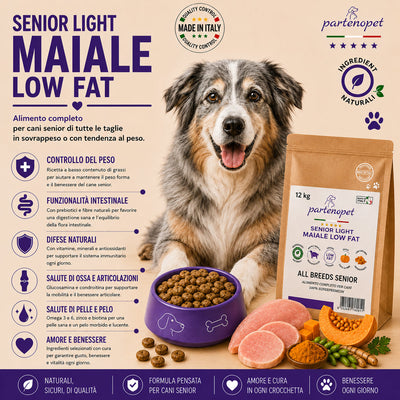 Sacco da 12kg di crocchette Partenopet Senior Light al Maiale per cani anziani, alimento monoproteico naturale pressato a freddo, Low Fat con Curcuma e Zucca, prodotto in Italia.