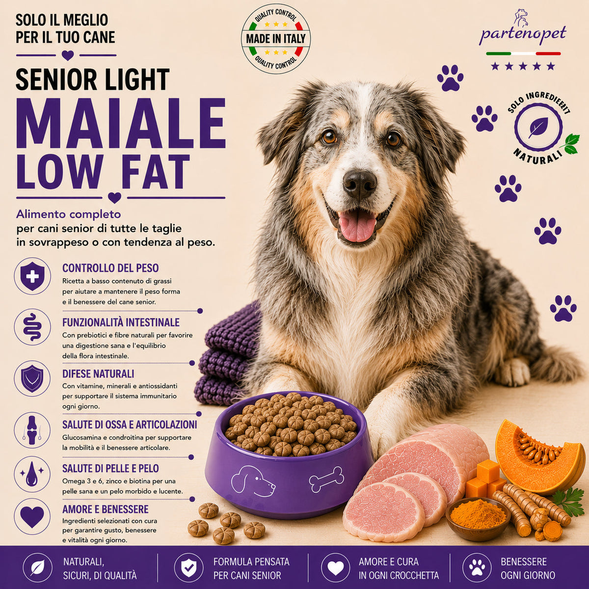 Sacco da 12kg di crocchette Partenopet Senior Light al Maiale per cani anziani, alimento monoproteico naturale pressato a freddo, Low Fat con Curcuma e Zucca, prodotto in Italia.