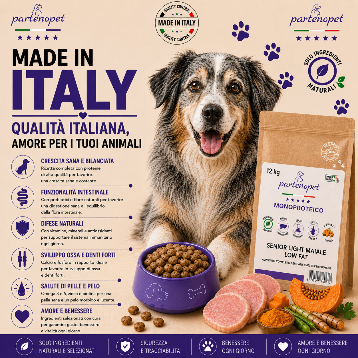 Sacco da 12kg di crocchette Partenopet Senior Light al Maiale per cani anziani, alimento monoproteico naturale pressato a freddo, Low Fat con Curcuma e Zucca, prodotto in Italia.