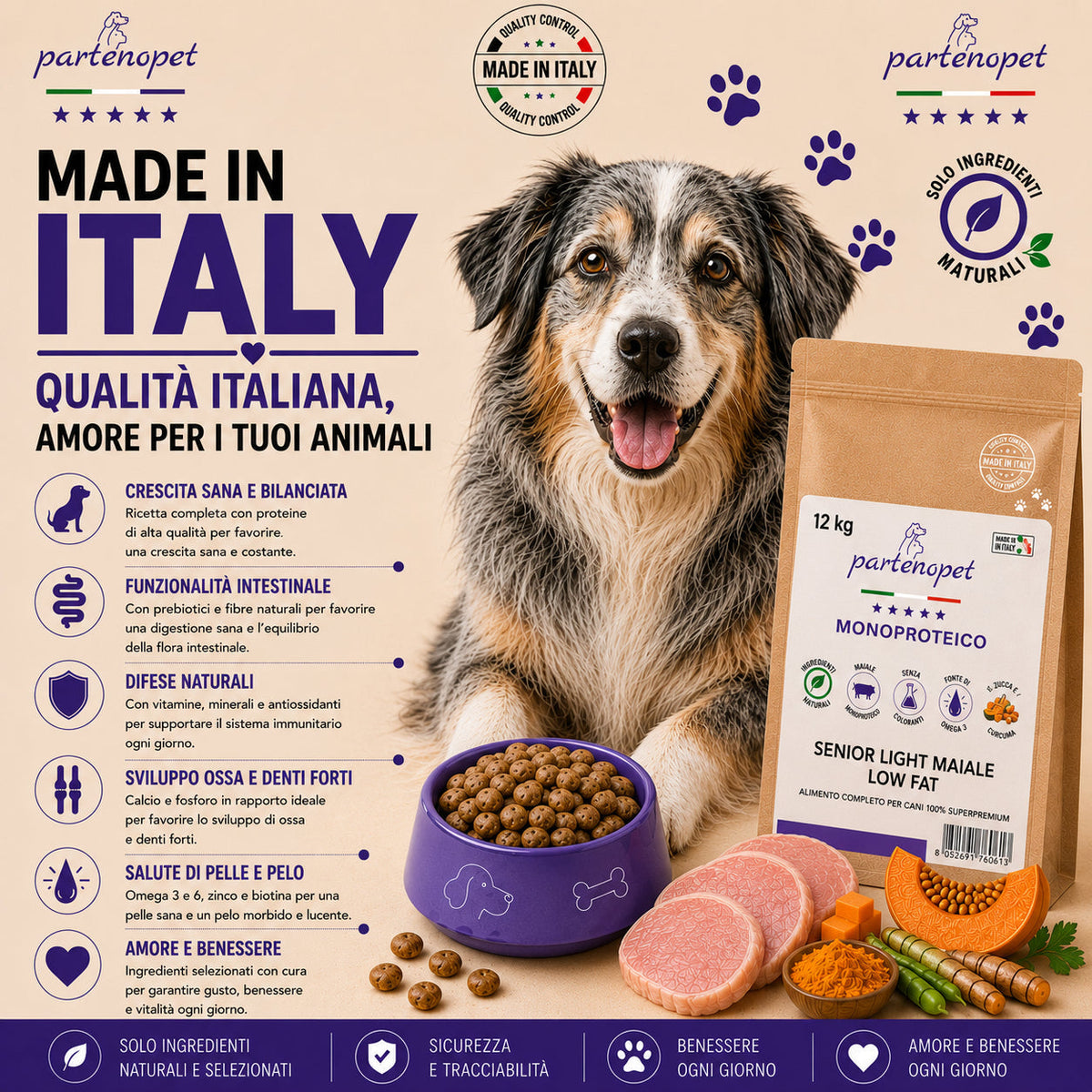 Sacco da 12kg di crocchette Partenopet Senior Light al Maiale per cani anziani, alimento monoproteico naturale pressato a freddo, Low Fat con Curcuma e Zucca, prodotto in Italia.