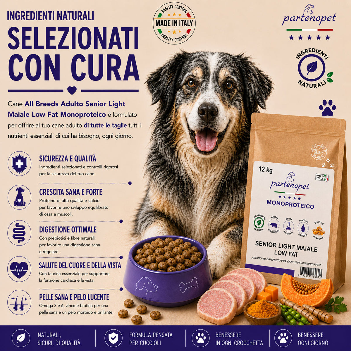 Sacco da 12kg di crocchette Partenopet Senior Light al Maiale per cani anziani, alimento monoproteico naturale pressato a freddo, Low Fat con Curcuma e Zucca, prodotto in Italia.