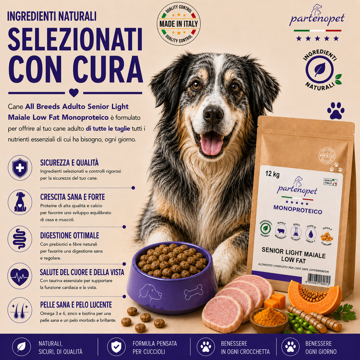 Sacco da 12kg di crocchette Partenopet Senior Light al Maiale per cani anziani, alimento monoproteico naturale pressato a freddo, Low Fat con Curcuma e Zucca, prodotto in Italia.