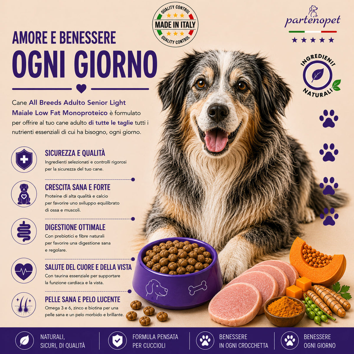 Sacco da 12kg di crocchette Partenopet Senior Light al Maiale per cani anziani, alimento monoproteico naturale pressato a freddo, Low Fat con Curcuma e Zucca, prodotto in Italia.