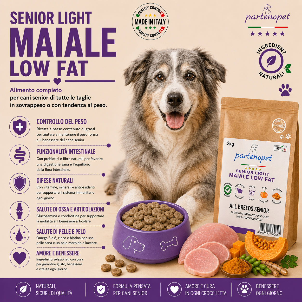 Sacco da 2kg di crocchette Partenopet Senior Light al Maiale, alimento per cani anziani pressato a freddo, naturale e monoproteico, con zucca e curcuma.