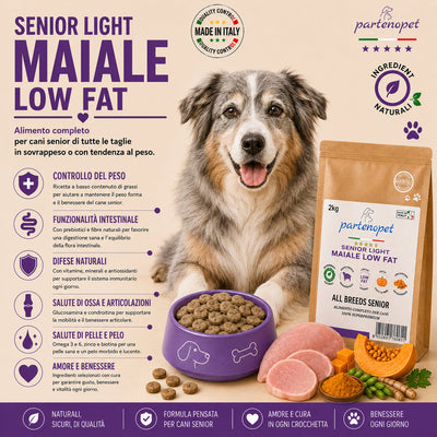 Sacco da 2kg di crocchette Partenopet Senior Light al Maiale, alimento per cani anziani pressato a freddo, naturale e monoproteico, con zucca e curcuma.