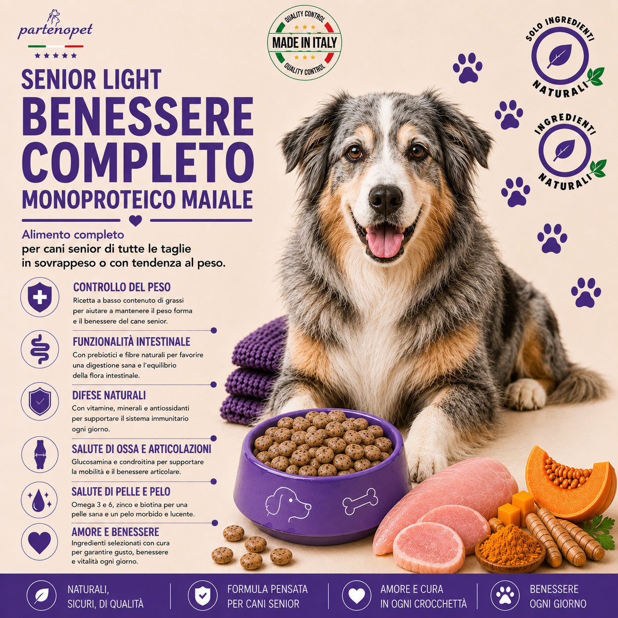 Sacco da 2kg di crocchette Partenopet Senior Light al Maiale, alimento per cani anziani pressato a freddo, naturale e monoproteico, con zucca e curcuma.