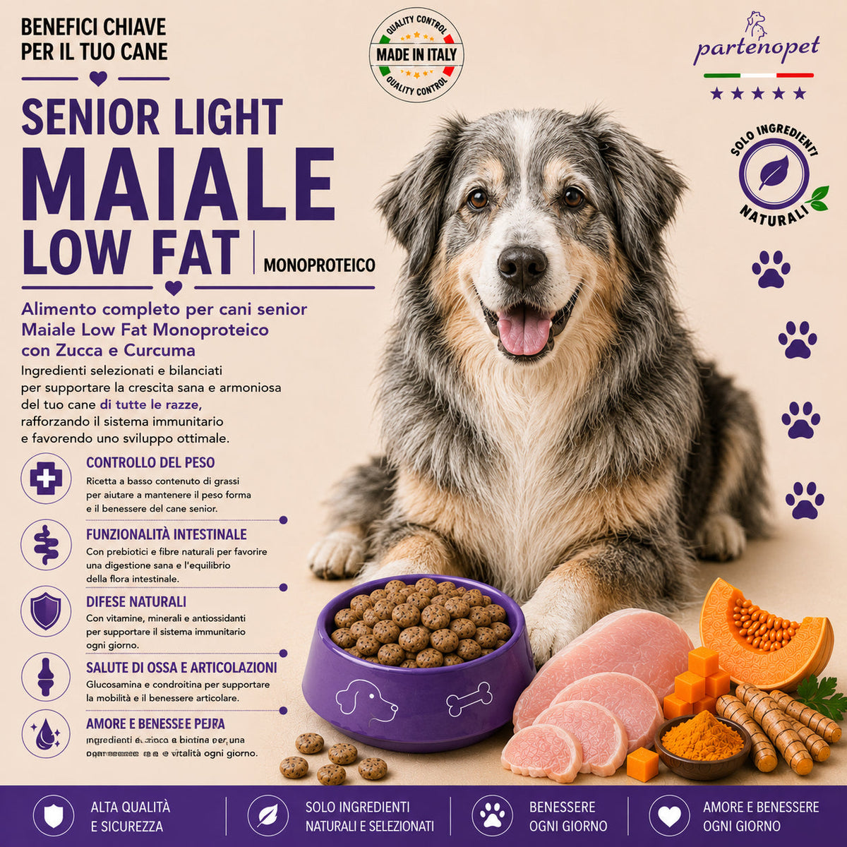 Sacco da 2kg di crocchette Partenopet Senior Light al Maiale, alimento per cani anziani pressato a freddo, naturale e monoproteico, con zucca e curcuma.