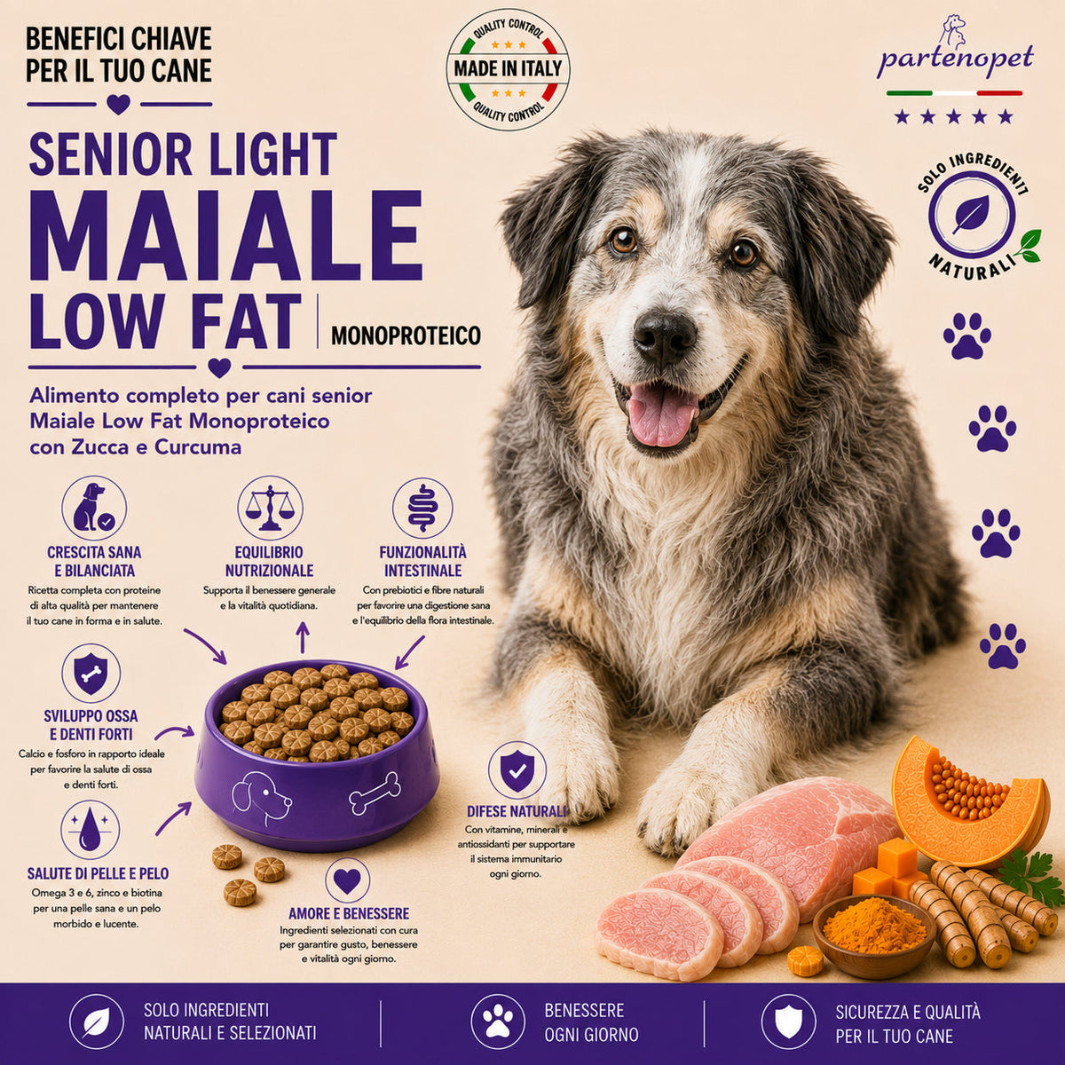Sacco da 2kg di crocchette Partenopet Senior Light al Maiale, alimento per cani anziani pressato a freddo, naturale e monoproteico, con zucca e curcuma.