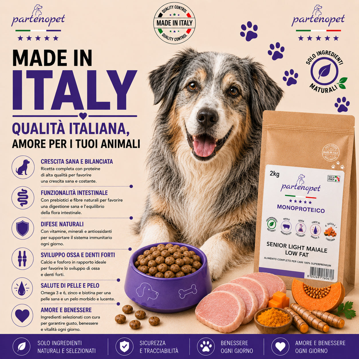 Sacco da 2kg di crocchette Partenopet Senior Light al Maiale, alimento per cani anziani pressato a freddo, naturale e monoproteico, con zucca e curcuma.