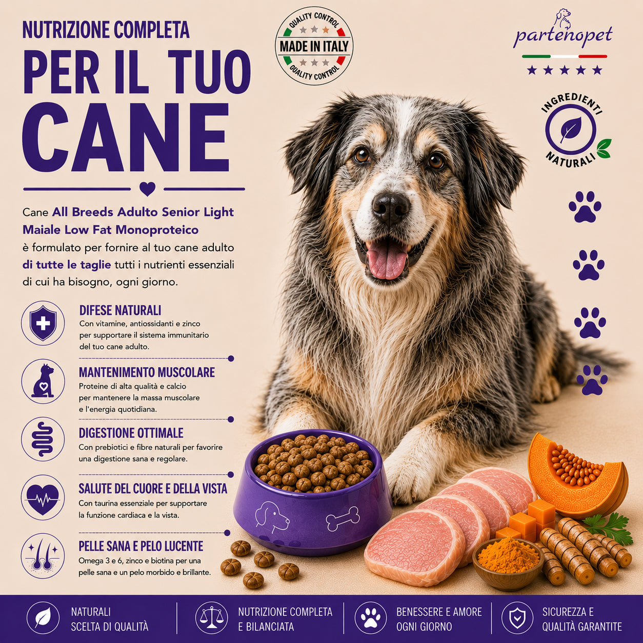 Sacco da 2kg di crocchette Partenopet Senior Light al Maiale, alimento per cani anziani pressato a freddo, naturale e monoproteico, con zucca e curcuma.