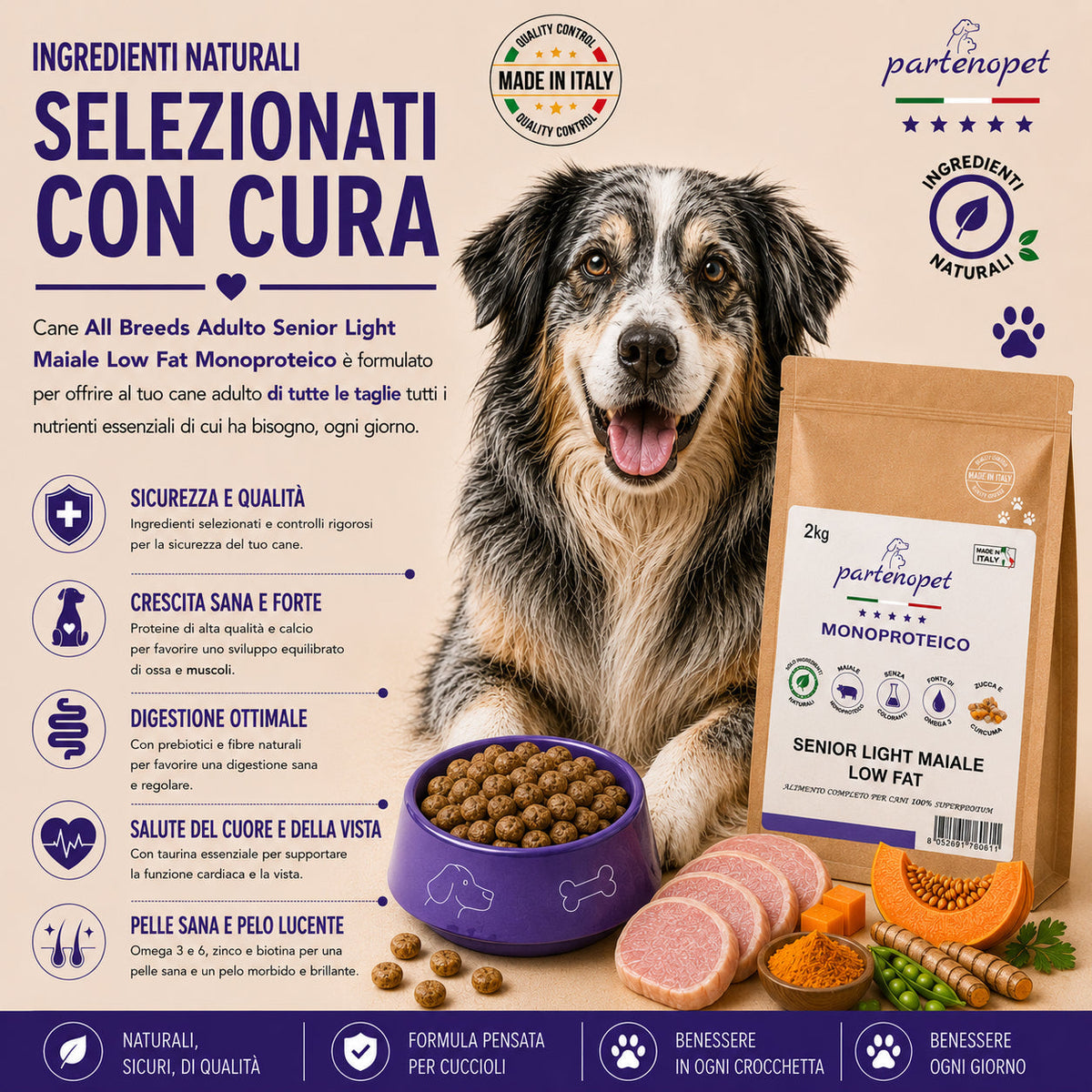 Sacco da 2kg di crocchette Partenopet Senior Light al Maiale, alimento per cani anziani pressato a freddo, naturale e monoproteico, con zucca e curcuma.