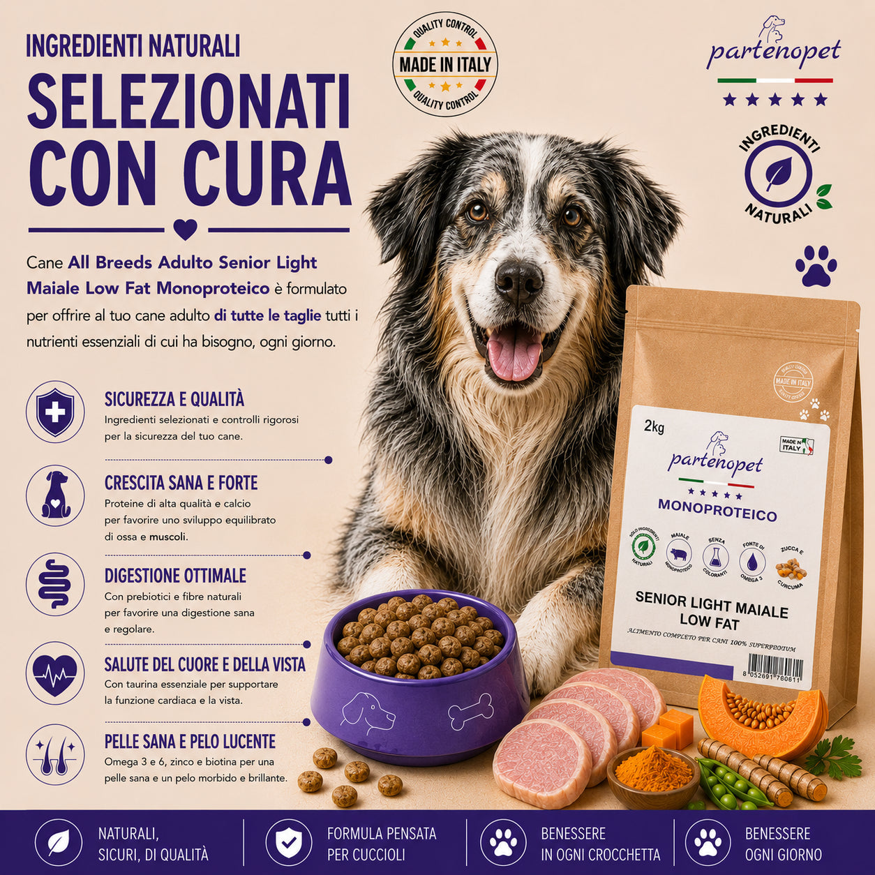 Sacco da 2kg di crocchette Partenopet Senior Light al Maiale, alimento per cani anziani pressato a freddo, naturale e monoproteico, con zucca e curcuma.