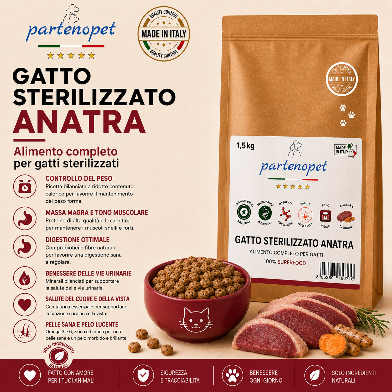 Sacco da 1,5kg di crocchette Partenopet Sterilised Cat all'anatra per gatti sterilizzati, alimento naturale pressato a freddo prodotto in Italia, senza conservanti né coloranti.