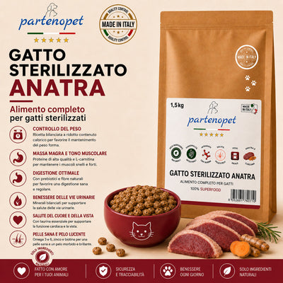 Sacco da 1,5kg di crocchette Partenopet Sterilised Cat all'anatra per gatti sterilizzati, alimento naturale pressato a freddo prodotto in Italia, senza conservanti né coloranti.