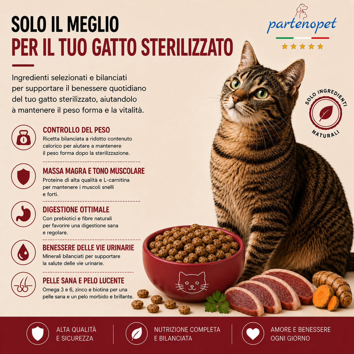 Sacco da 1,5kg di crocchette Partenopet Sterilised Cat all'anatra per gatti sterilizzati, alimento naturale pressato a freddo prodotto in Italia, senza conservanti né coloranti.