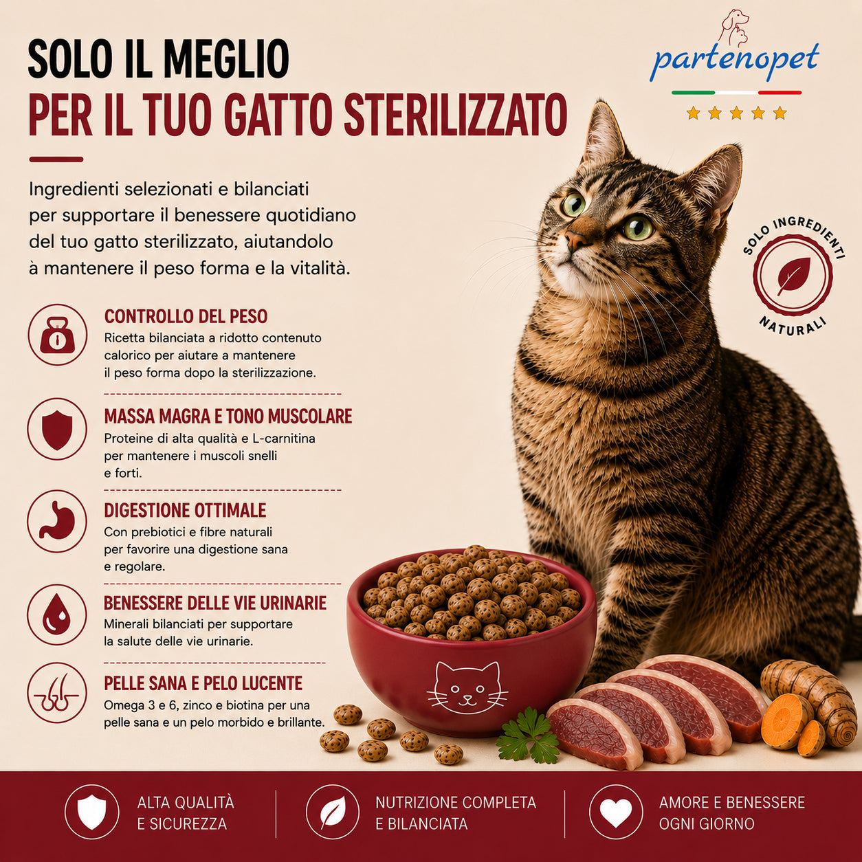 Sacco da 1,5kg di crocchette Partenopet Sterilised Cat all'anatra per gatti sterilizzati, alimento naturale pressato a freddo prodotto in Italia, senza conservanti né coloranti.