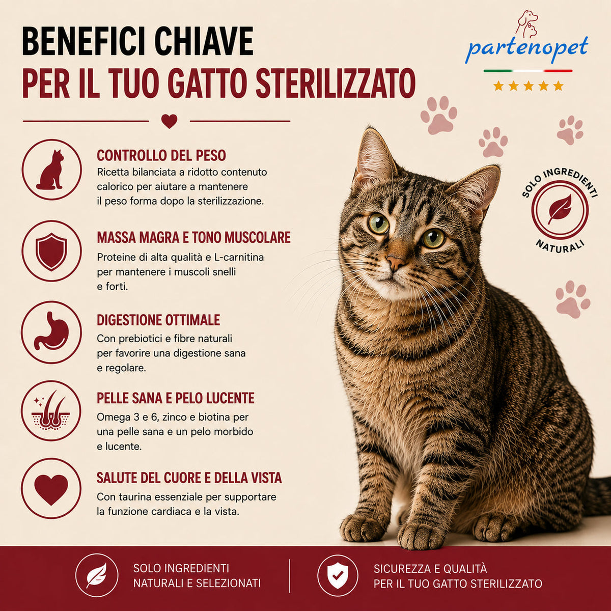Sacco da 1,5kg di crocchette Partenopet Sterilised Cat all'anatra per gatti sterilizzati, alimento naturale pressato a freddo prodotto in Italia, senza conservanti né coloranti.