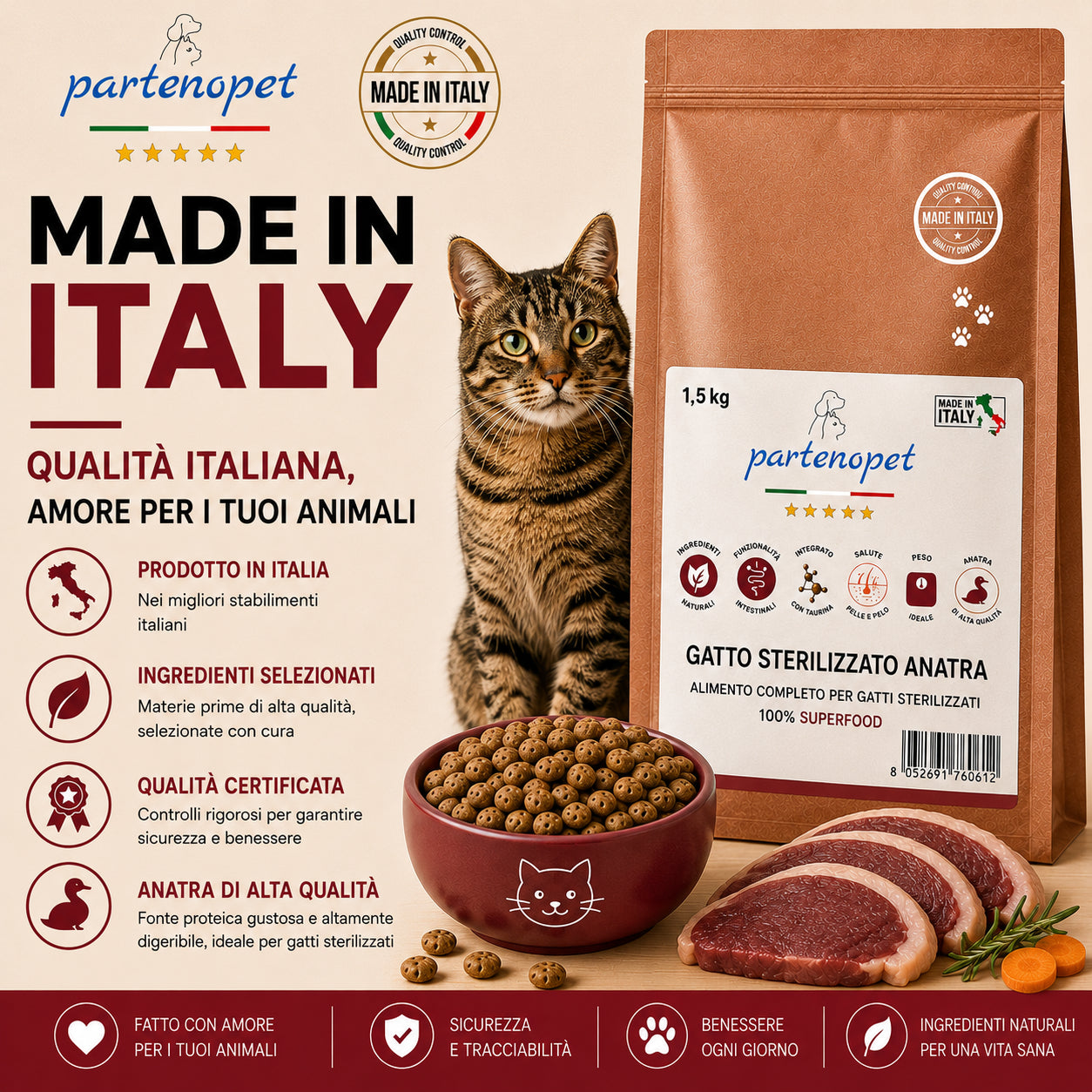 Sacco da 1,5kg di crocchette Partenopet Sterilised Cat all'anatra per gatti sterilizzati, alimento naturale pressato a freddo prodotto in Italia, senza conservanti né coloranti.