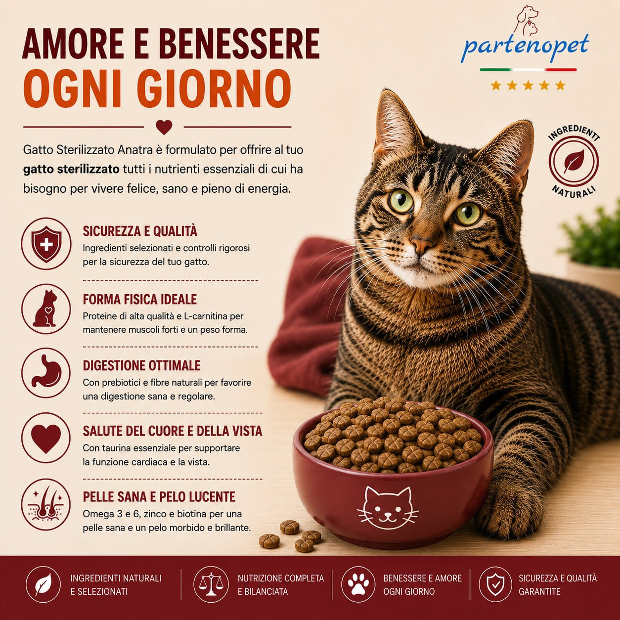 Sacco da 1,5kg di crocchette Partenopet Sterilised Cat all'anatra per gatti sterilizzati, alimento naturale pressato a freddo prodotto in Italia, senza conservanti né coloranti.