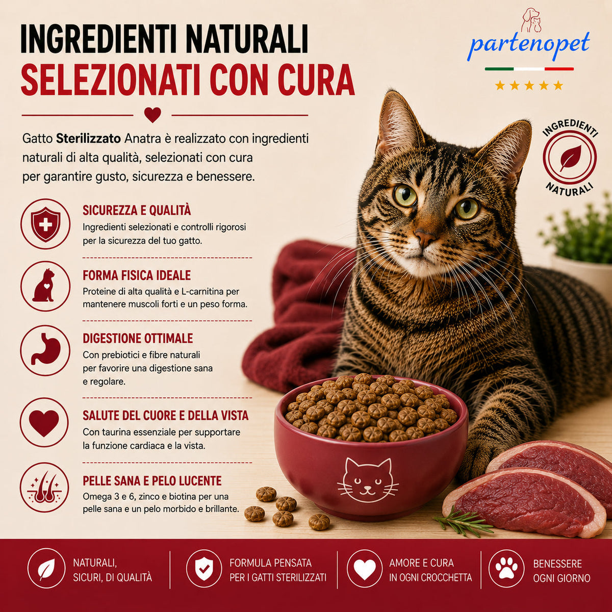 Sacco da 1,5kg di crocchette Partenopet Sterilised Cat all'anatra per gatti sterilizzati, alimento naturale pressato a freddo prodotto in Italia, senza conservanti né coloranti.