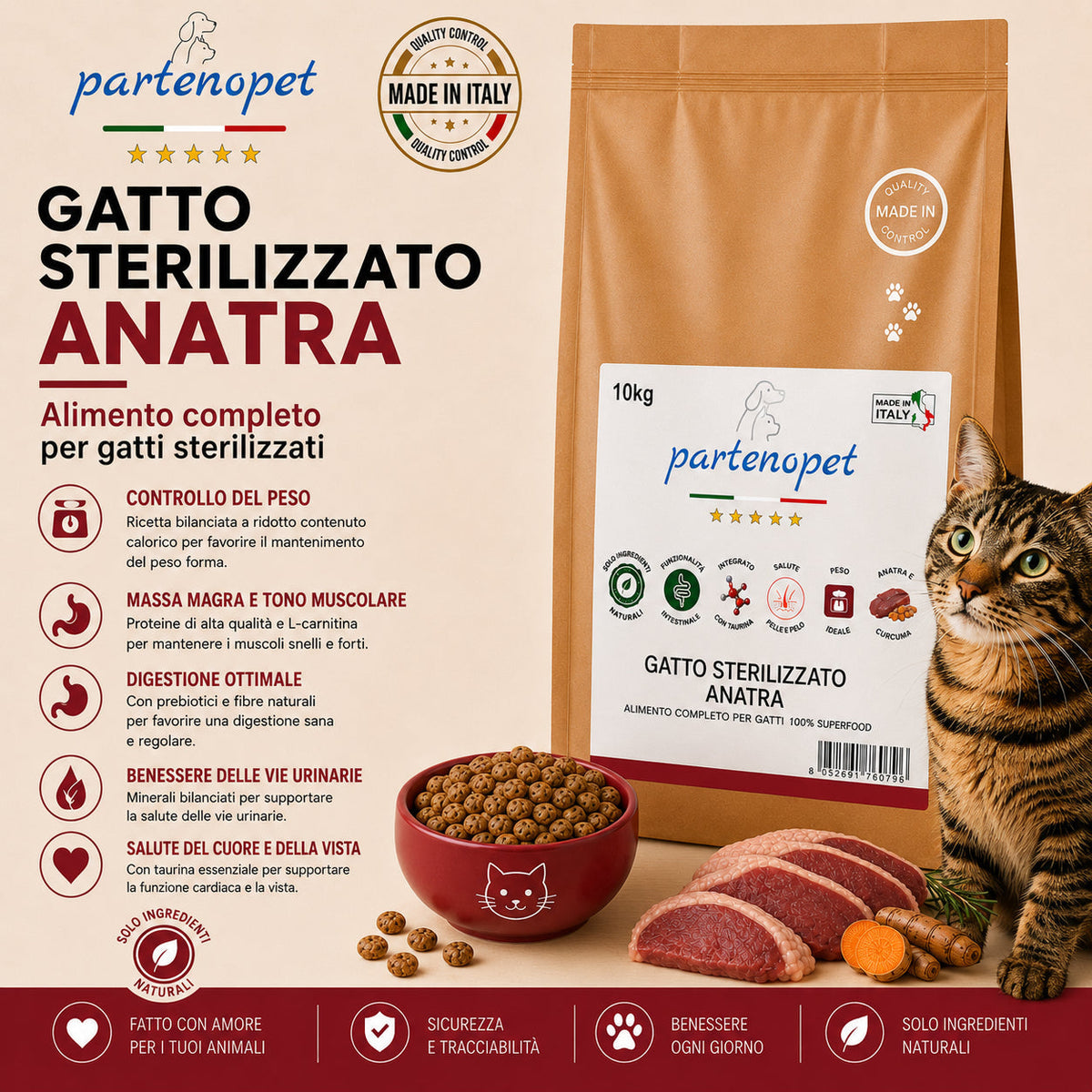 Sacco da 10 kg di crocchette Partenopet Sterilised Cat all'anatra per gatti sterilizzati, alimento naturale pressato a freddo prodotto in Italia, senza conservanti né coloranti.