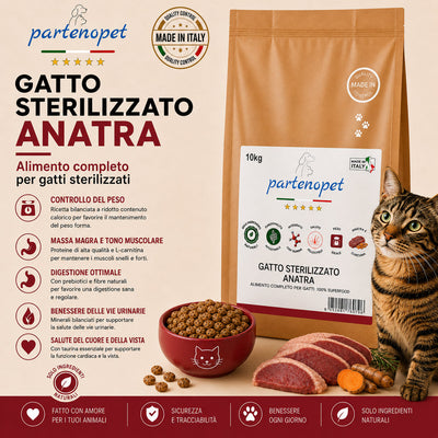 Sacco da 10 kg di crocchette Partenopet Sterilised Cat all'anatra per gatti sterilizzati, alimento naturale pressato a freddo prodotto in Italia, senza conservanti né coloranti.