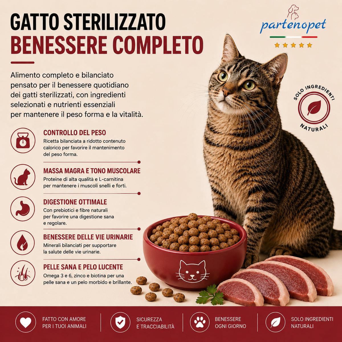 Sacco da 10 kg di crocchette Partenopet Sterilised Cat all'anatra per gatti sterilizzati, alimento naturale pressato a freddo prodotto in Italia, senza conservanti né coloranti.