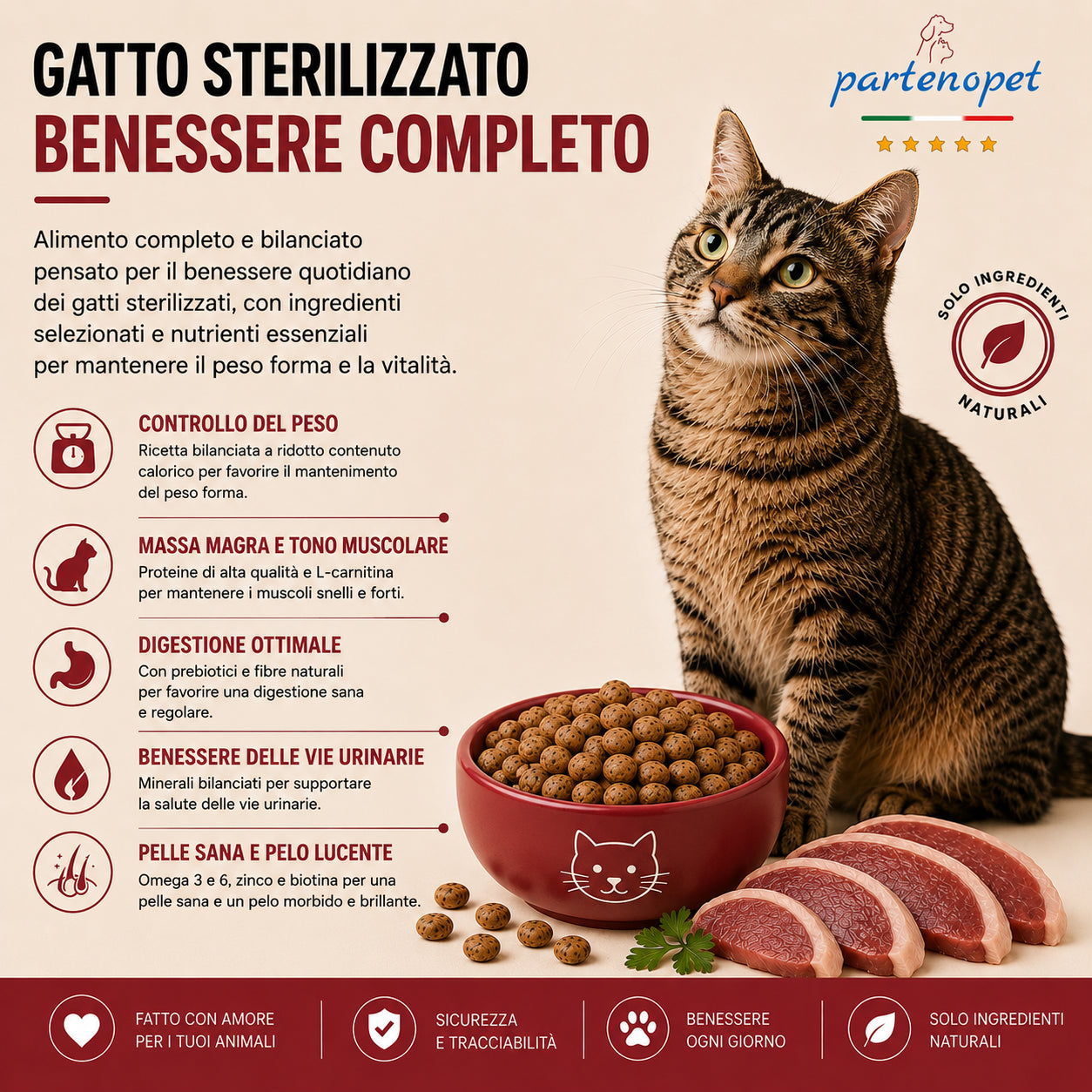 Sacco da 10 kg di crocchette Partenopet Sterilised Cat all'anatra per gatti sterilizzati, alimento naturale pressato a freddo prodotto in Italia, senza conservanti né coloranti.