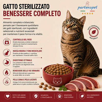 Sacco da 10 kg di crocchette Partenopet Sterilised Cat all'anatra per gatti sterilizzati, alimento naturale pressato a freddo prodotto in Italia, senza conservanti né coloranti.