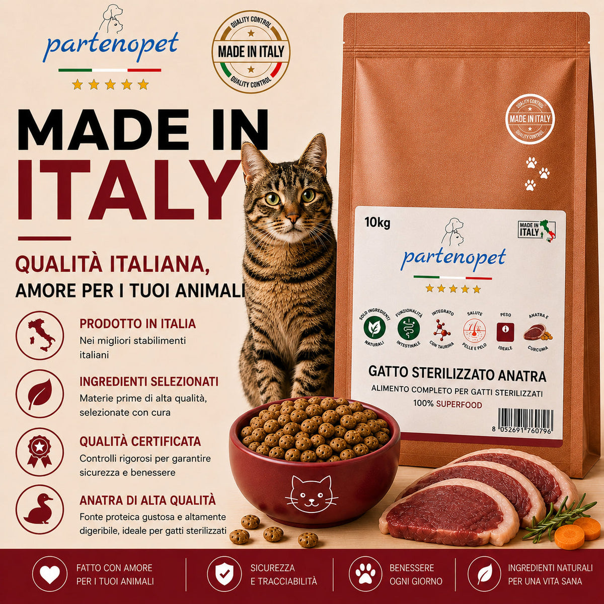 Sacco da 10 kg di crocchette Partenopet Sterilised Cat all'anatra per gatti sterilizzati, alimento naturale pressato a freddo prodotto in Italia, senza conservanti né coloranti.