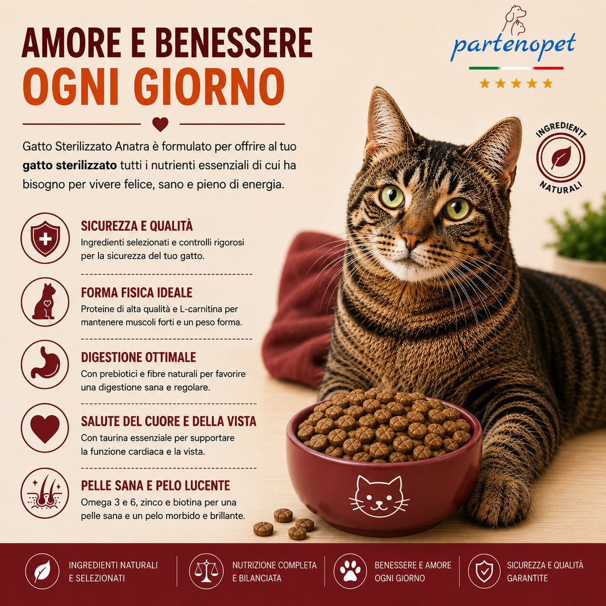 Sacco da 10 kg di crocchette Partenopet Sterilised Cat all'anatra per gatti sterilizzati, alimento naturale pressato a freddo prodotto in Italia, senza conservanti né coloranti.
