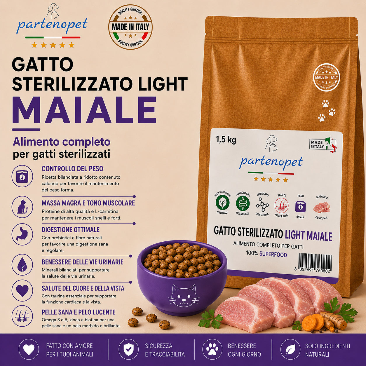 Sacco da 1,5kg di crocchette Partenopet Sterilised Cat Light al maiale per gatti sterilizzati, alimento naturale pressato a freddo prodotto in Italia, senza conservanti né coloranti.